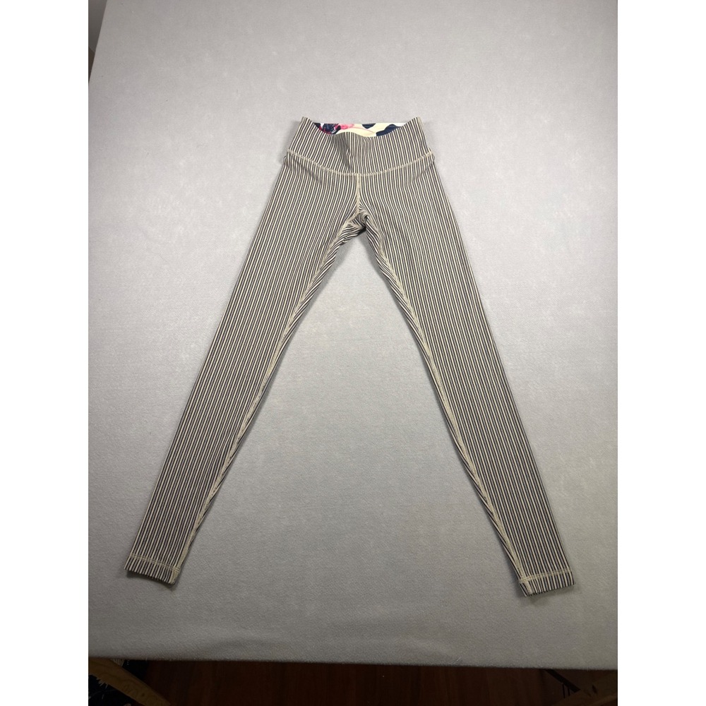 Lululemon Pinstripe High Rise Leggings Navy Blue Cream Floral Waistband Size 4